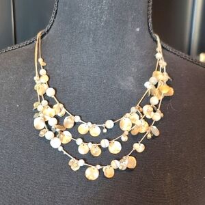 Vintage Silvertone Necklace Boho Gold Discs, Irredecent Beads, Crystal Accents